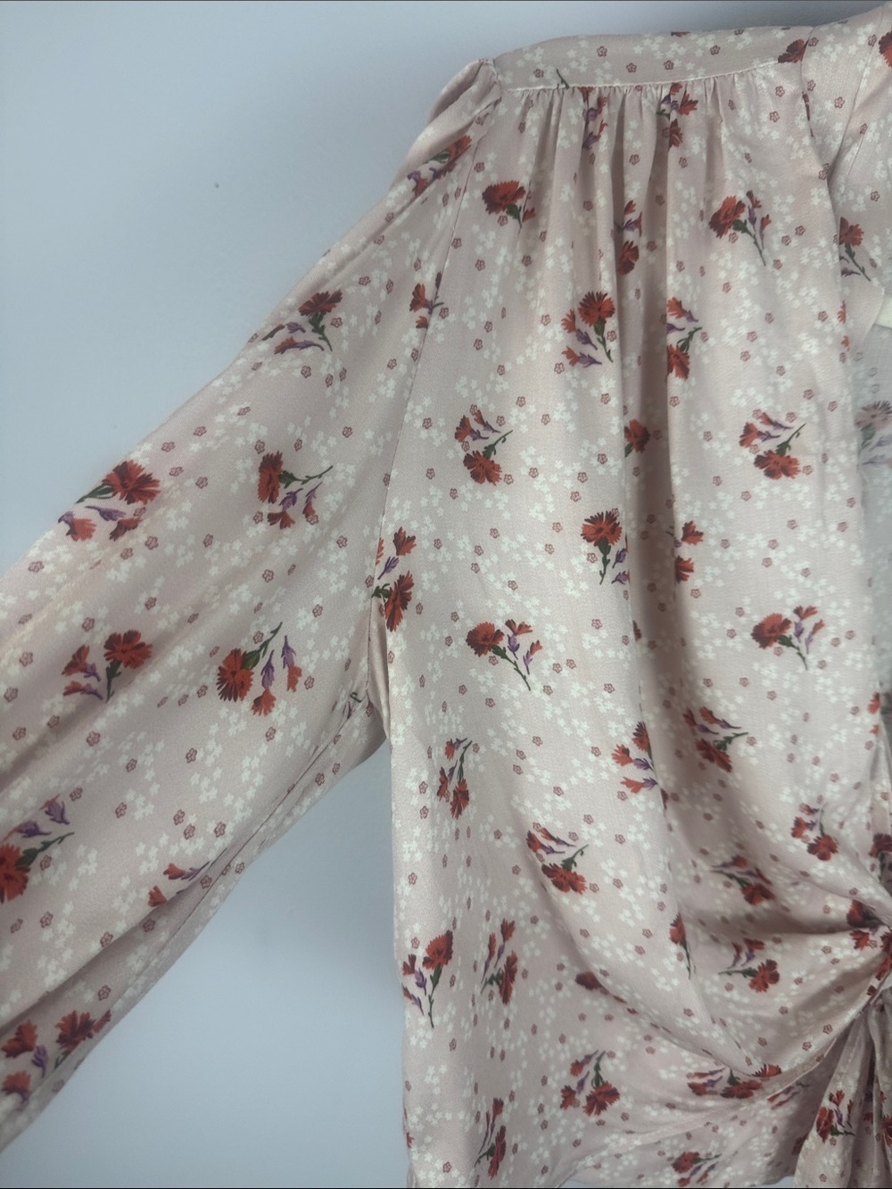 NWT Zara Floral Tie-Front Puff Sleeve Cropped Blouse - Mauve Pink - Size L - Picture 5 of 11